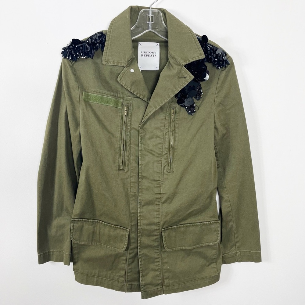 History Repeats Military Sequin Shoulders Belted Jacket Size 2 NWT Olive Green